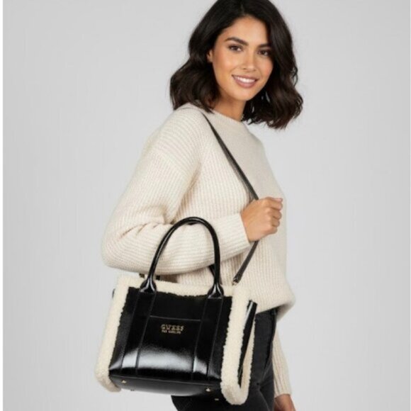 GUESS Faux Shearling Trim Women's Handbag Medium - Picture 1 of 7